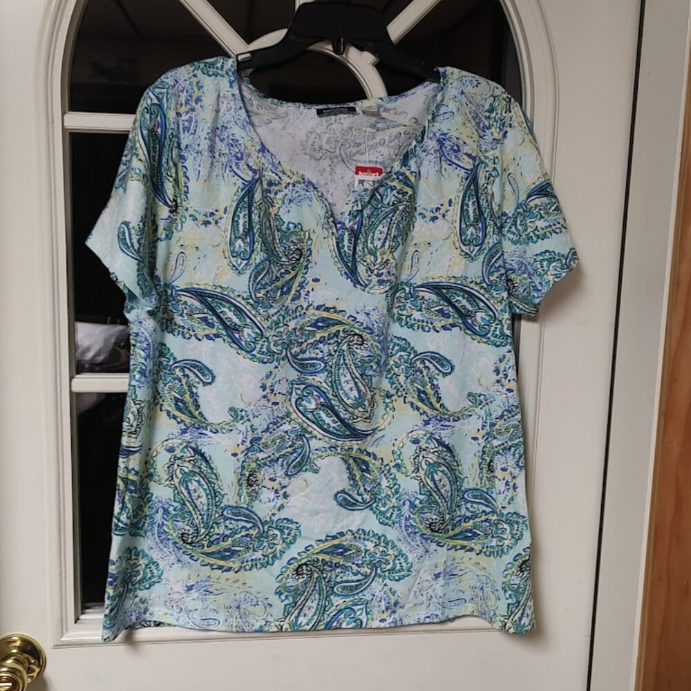 New Basic Editions Blue Designed Ruched Neck Short Sleeve Top Size Women's XL